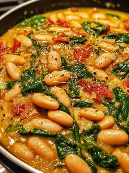 Delicious Marry Me White Bean and Spinach Skillet served in a cast iron pan