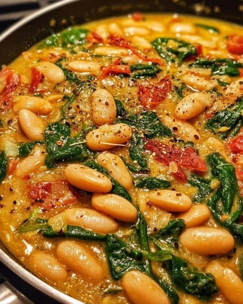 Delicious Marry Me White Bean and Spinach Skillet served in a cast iron pan