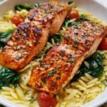 Mediterranean salmon served with lemon orzo on a plate