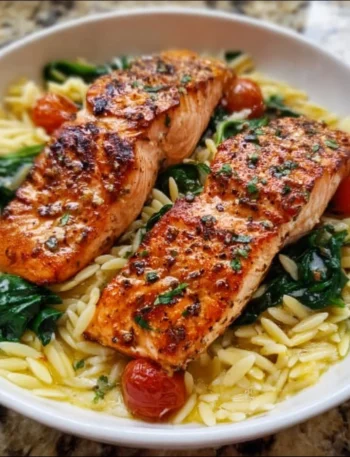 Mediterranean salmon served with lemon orzo on a plate