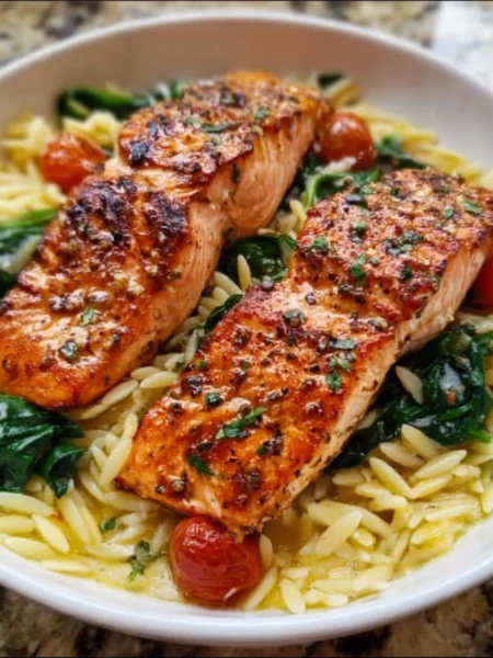 Mediterranean salmon served with lemon orzo on a plate