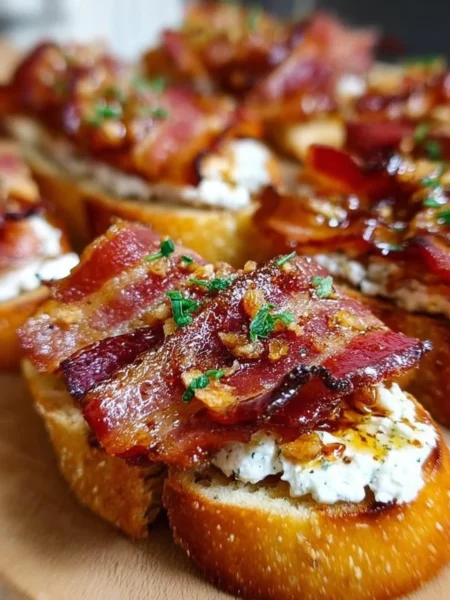 Million Dollar Bacon Crostini topped with crispy bacon, herbs, and cheese