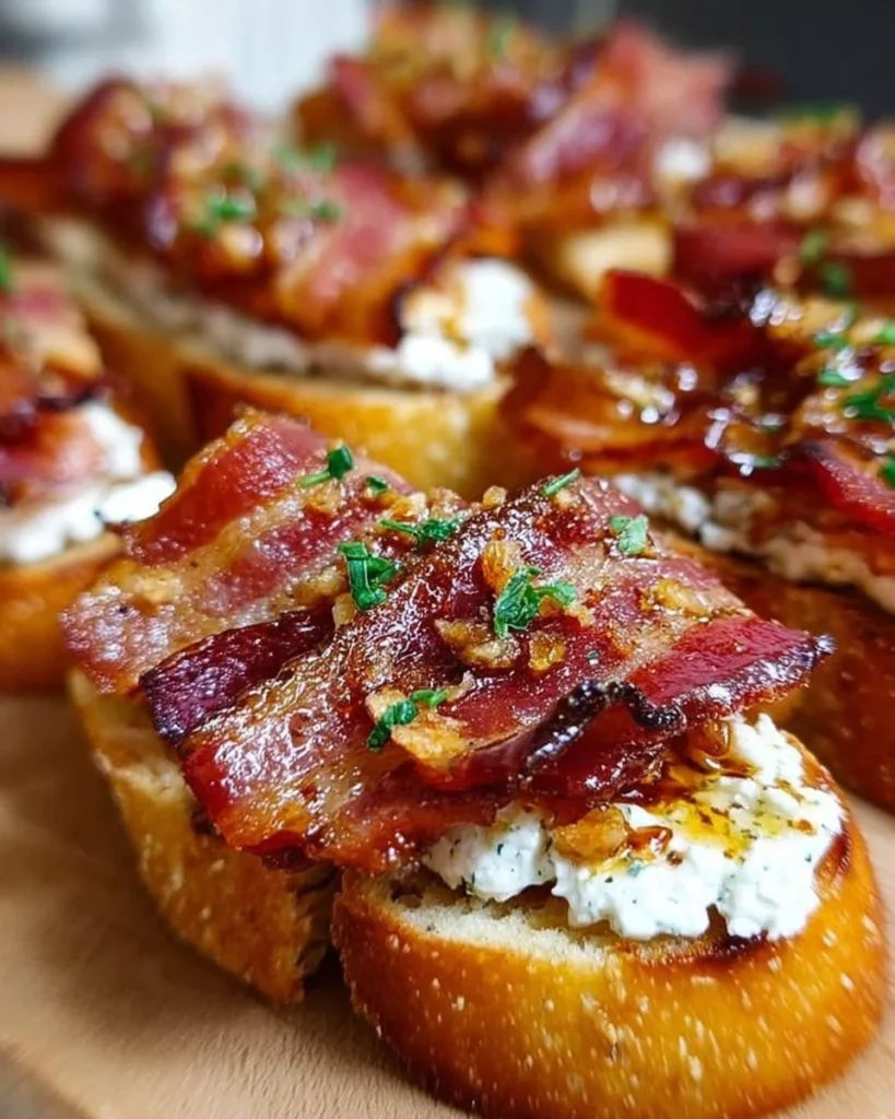Million Dollar Bacon Crostini topped with crispy bacon, herbs, and cheese