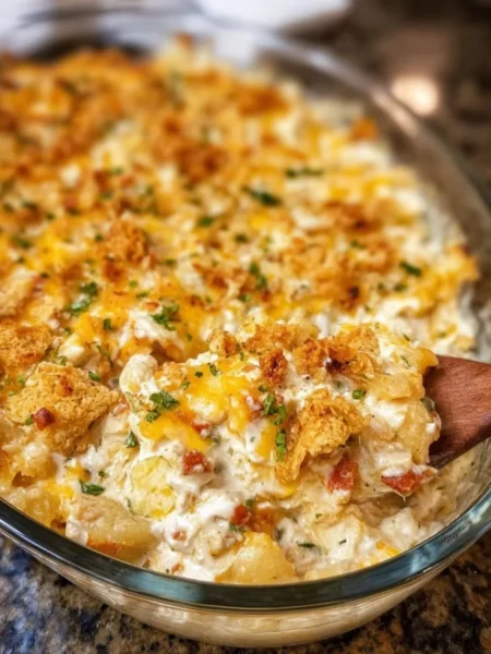 Delicious Million Dollar Chicken Casserole topped with cheese and baked to perfection