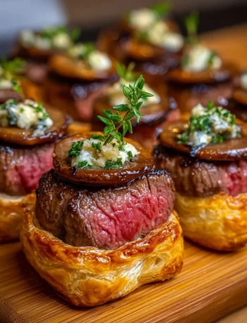 Mini Beef Wellington Bites served on a platter with garnishes