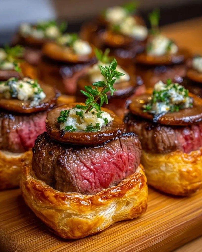 Mini Beef Wellington Bites served on a platter with garnishes