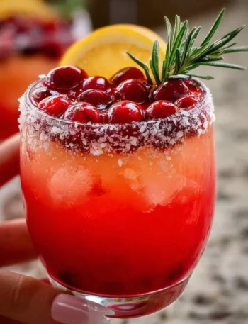 Glass of Mistletoe Margarita garnished with a sprig of mistletoe