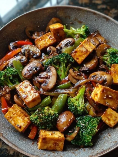Colorful Mushroom Tofu Stir-Fry with fresh vegetables in a bowl