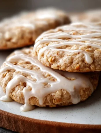 Delicious no-bake cinnamon roll cookies topped with icing on a plate.