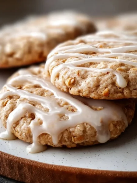 Delicious no-bake cinnamon roll cookies topped with icing on a plate.