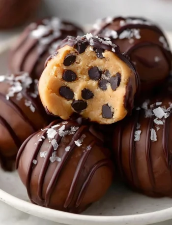 Delicious no-bake cookie dough bites ready to enjoy, perfect for cookie dough lovers.