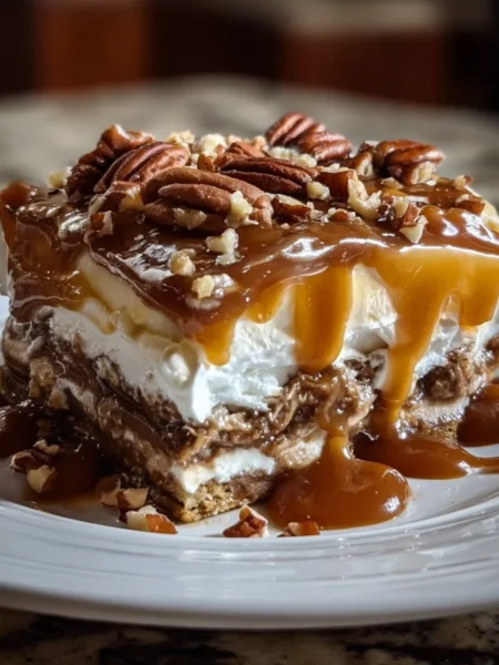 No-bake turtle lasagna dessert layered with chocolate, caramel, and nuts.