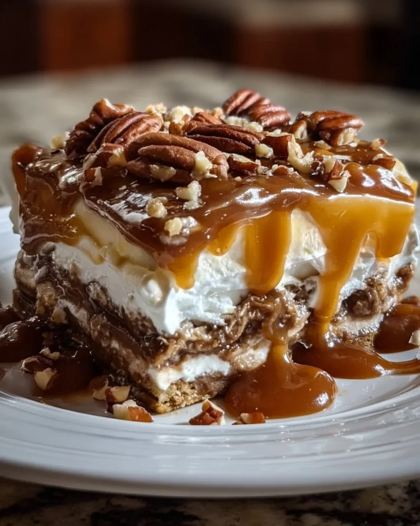 No-bake turtle lasagna dessert layered with chocolate, caramel, and nuts.