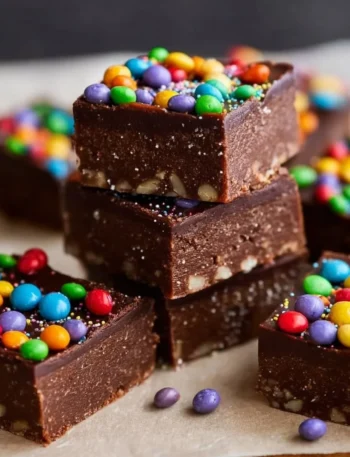 Delicious no-bake vegan cosmic brownies topped with colorful sprinkles.