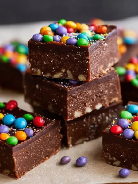 Delicious no-bake vegan cosmic brownies topped with colorful sprinkles.