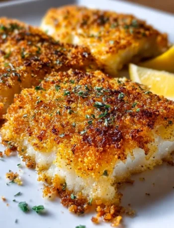 Plate of Parmesan Baked Fish garnished with herbs and lemon slices