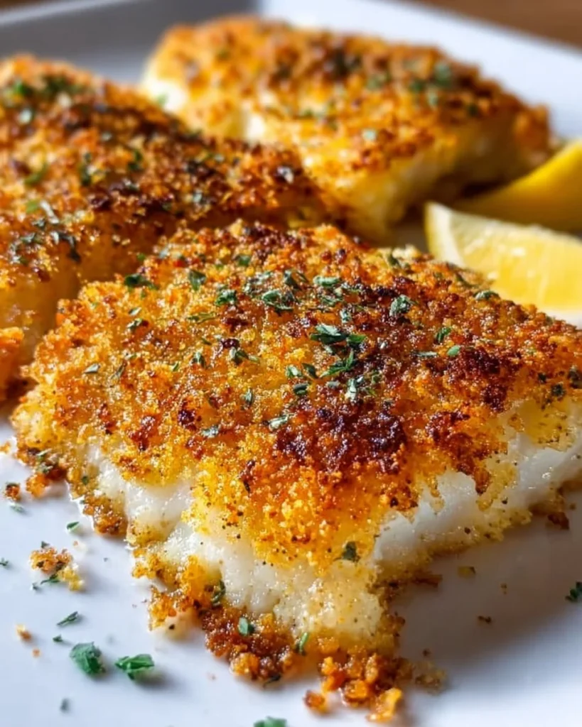 Plate of Parmesan Baked Fish garnished with herbs and lemon slices