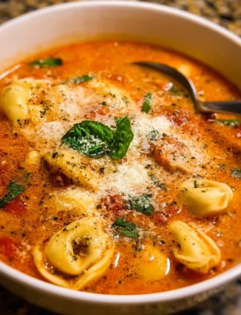 Bowl of Parmesan Tomato Tortellini Soup with fresh basil and grated cheese