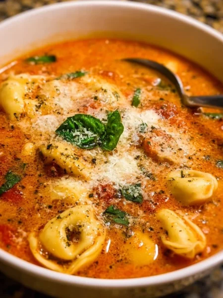 Bowl of Parmesan Tomato Tortellini Soup with fresh basil and grated cheese