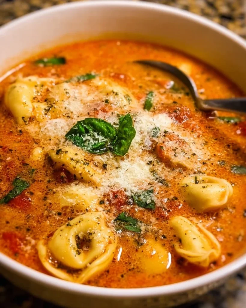 Bowl of Parmesan Tomato Tortellini Soup with fresh basil and grated cheese