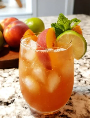 Refreshing Peach Moscow Mule cocktail with peach slices and ginger beer