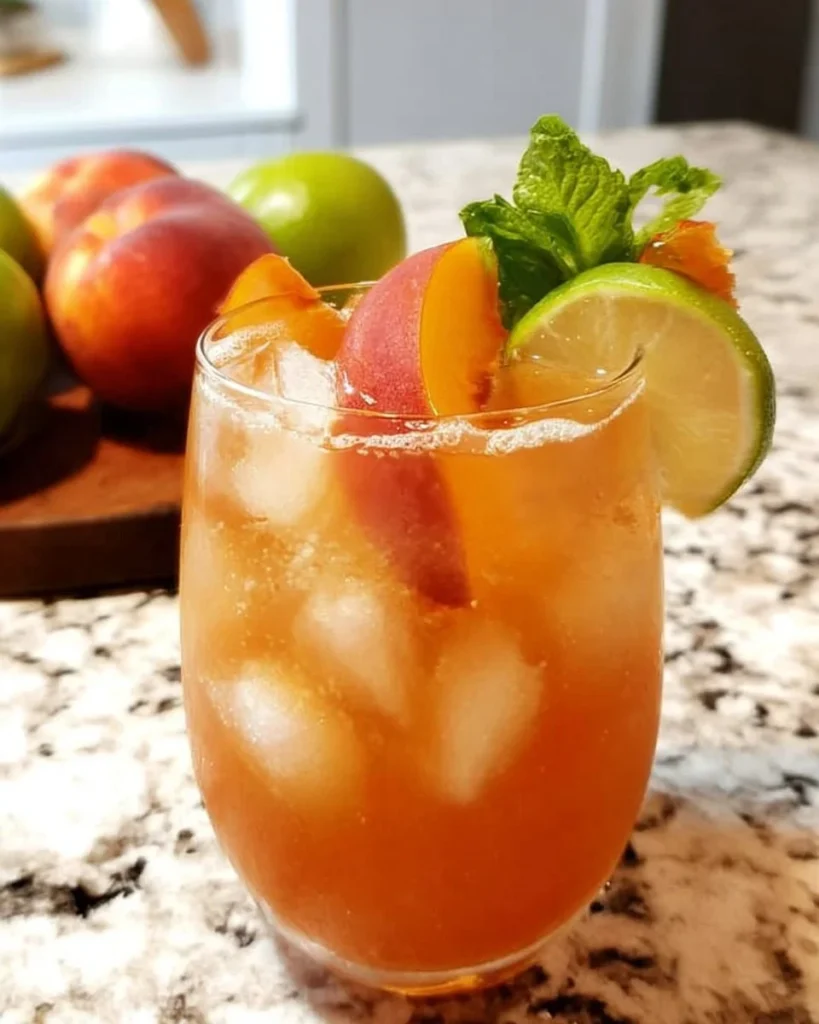Refreshing Peach Moscow Mule cocktail with peach slices and ginger beer