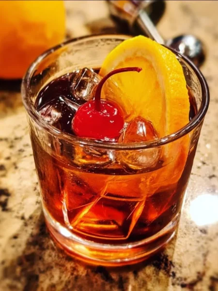 Perfect bourbon old fashioned cocktail served in a glass with a twist of orange