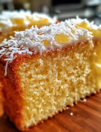 Slice of Pineapple Coconut Dream Cake with tropical decorations