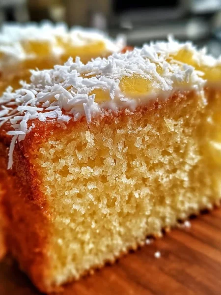 Slice of Pineapple Coconut Dream Cake with tropical decorations