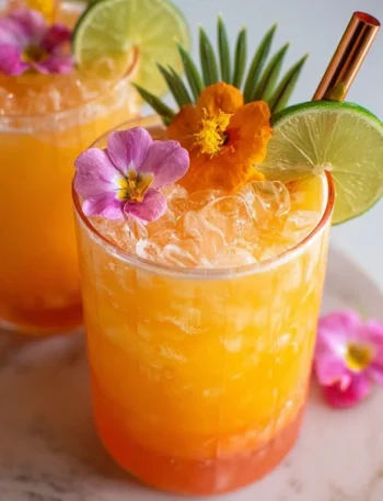 Pineapple Mango Rum Punch in a glass, perfect for parties