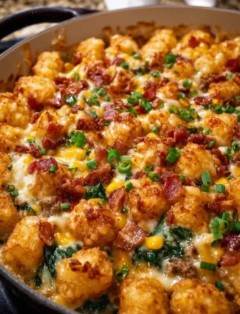 Delicious Pioneer Woman Cowboy Casserole cooked in a baking dish.