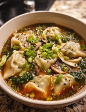 Delicious bowl of Potsticker Soup with dumplings and fresh vegetables