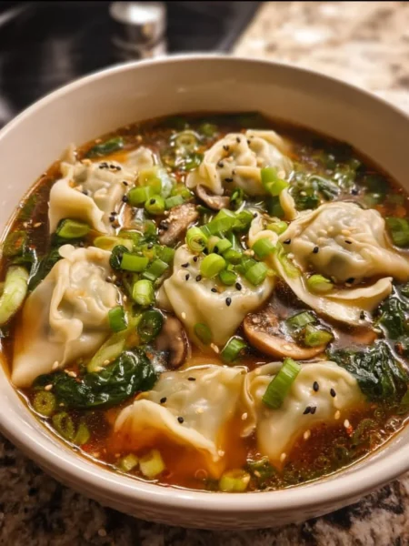 Delicious bowl of Potsticker Soup with dumplings and fresh vegetables