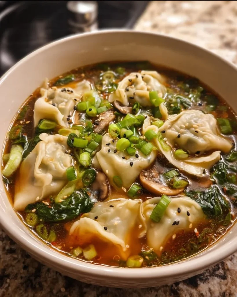 Delicious bowl of Potsticker Soup with dumplings and fresh vegetables