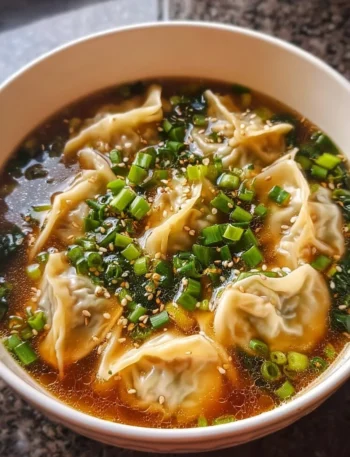 A bowl of potsticker soup garnished with fresh herbs and spices.