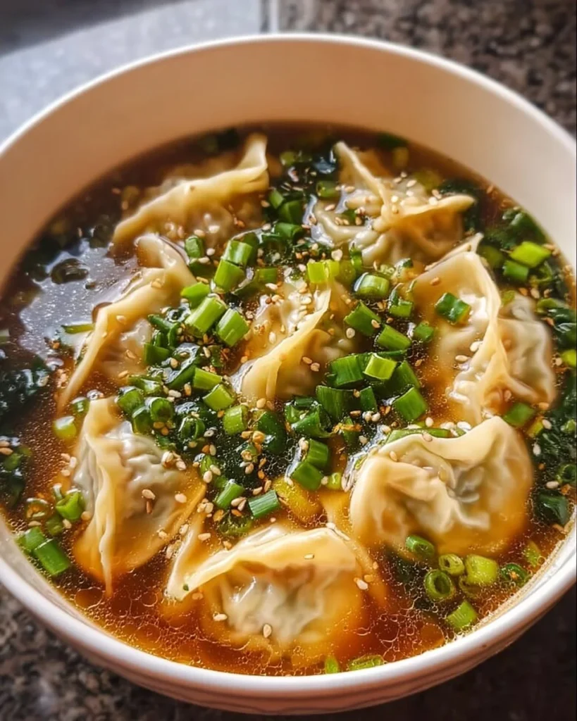 A bowl of potsticker soup garnished with fresh herbs and spices.