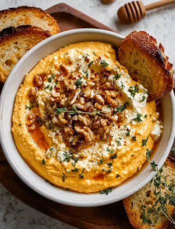 Creamy Pumpkin Whipped Feta Dip served in a bowl with garnish