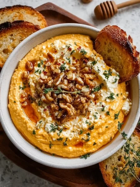 Creamy Pumpkin Whipped Feta Dip served in a bowl with garnish