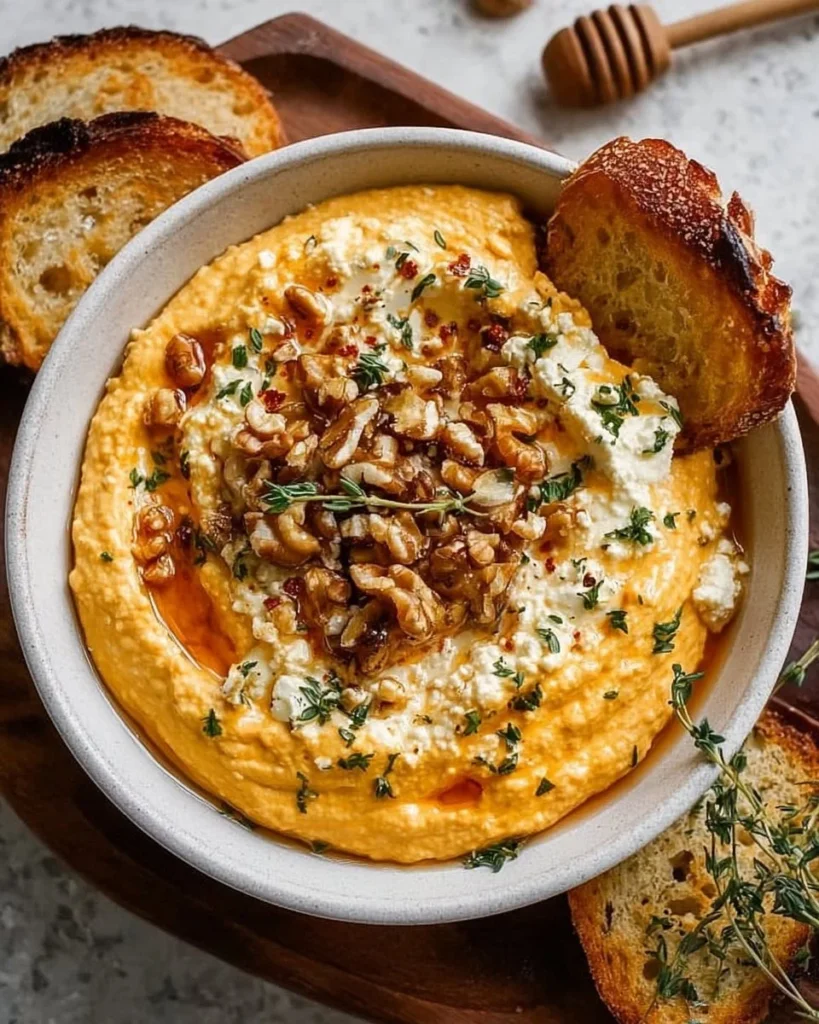 Creamy Pumpkin Whipped Feta Dip served in a bowl with garnish