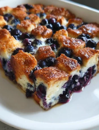 Delicious quick blueberry French toast casserole served on a plate