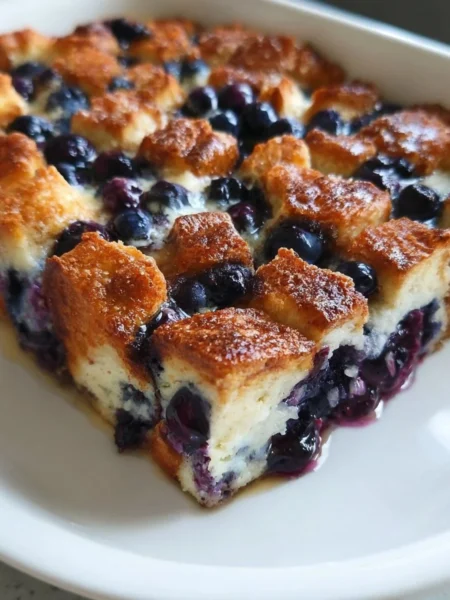 Delicious quick blueberry French toast casserole served on a plate