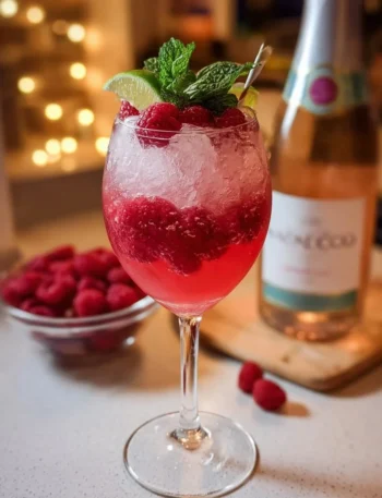 Delicious Raspberry Moscato Cocktail served in a stylish glass with fresh raspberries.
