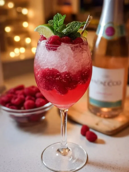 Delicious Raspberry Moscato Cocktail served in a stylish glass with fresh raspberries.