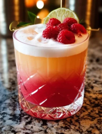 Raspberry Passionfruit Tequila Sour cocktail in a glass with garnish
