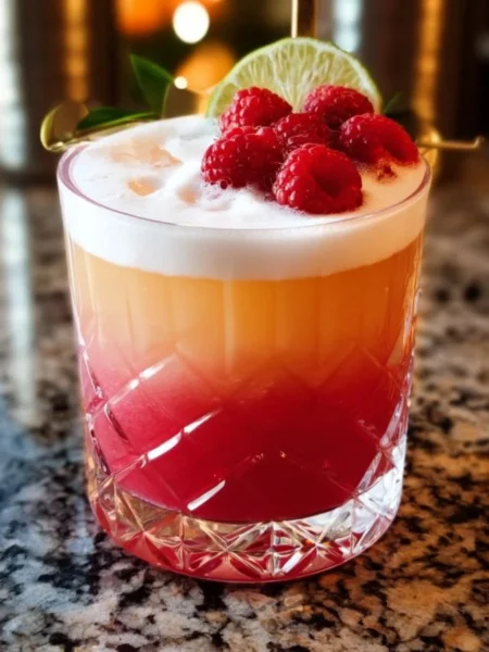 Raspberry Passionfruit Tequila Sour cocktail in a glass with garnish