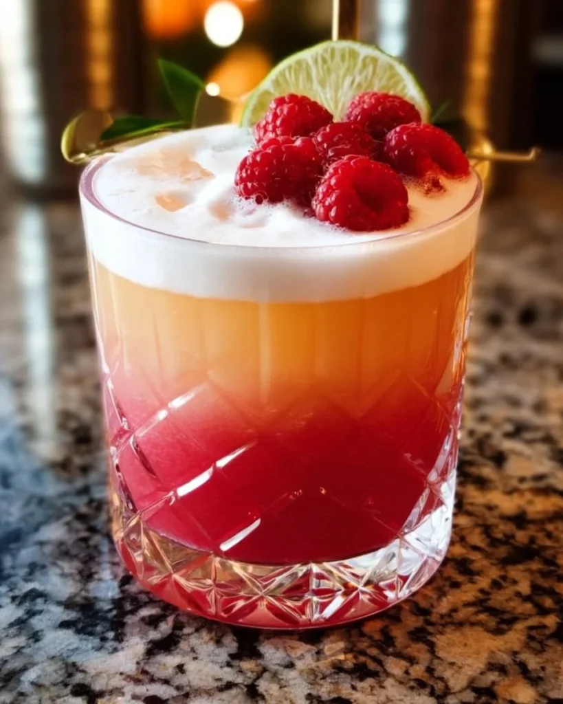Raspberry Passionfruit Tequila Sour cocktail in a glass with garnish