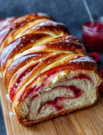 Delicious raspberry swirl brioche loaf on a wooden table