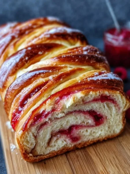 Delicious raspberry swirl brioche loaf on a wooden table