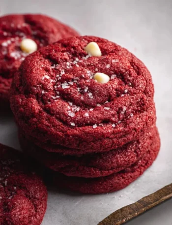 Delicious Red Velvet Cookies on a plate with cream cheese frosting