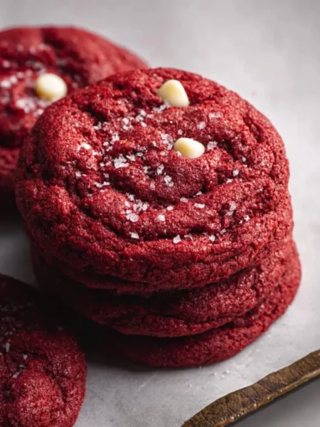 Delicious Red Velvet Cookies on a plate with cream cheese frosting
